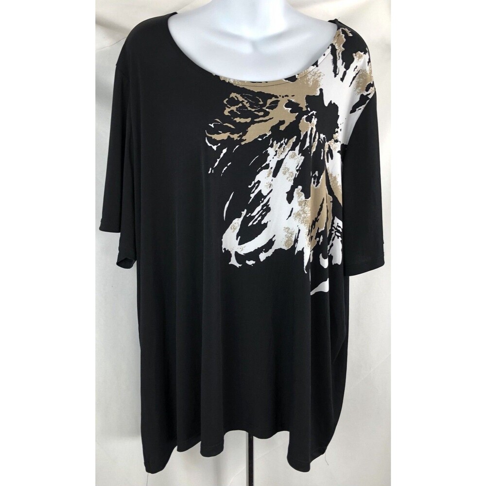 Maggie Barnes stretchy top 26W black geometric art scoopneck short sleeve office